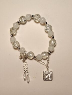 Crystal and White Bead Charm Bracelet - Silver Accents